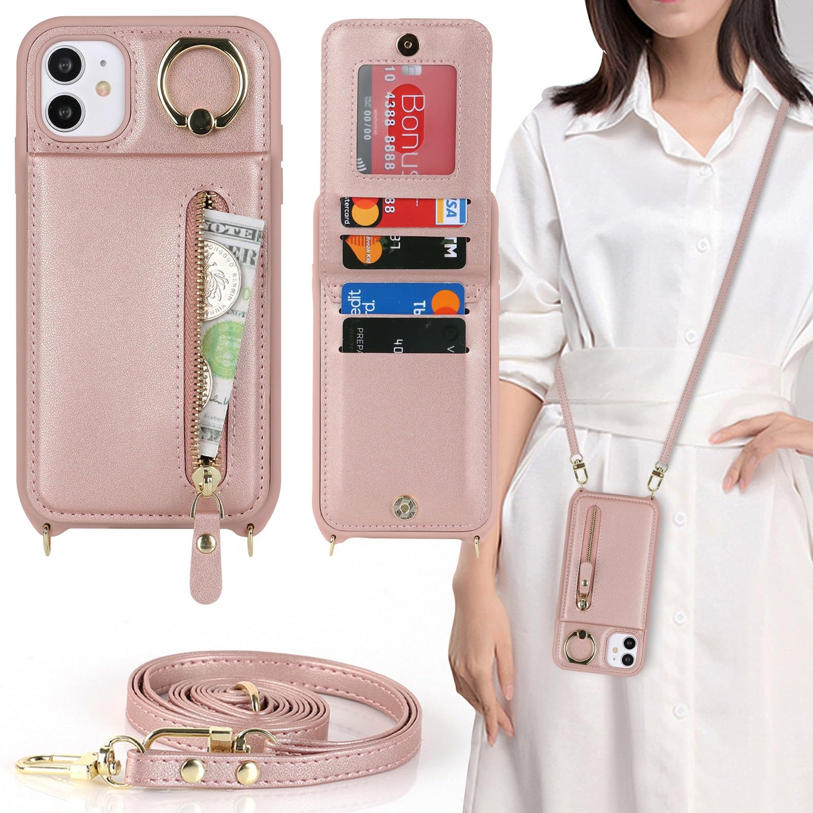 Zouzt for iPhone 11 Case with Cord and Card Holde, Zipper Wallet Case with Crossbody Lanyard Ring Adjustable Necklace Protective Cover Women for iPhone 11 6.1 Inch - Rose Gold