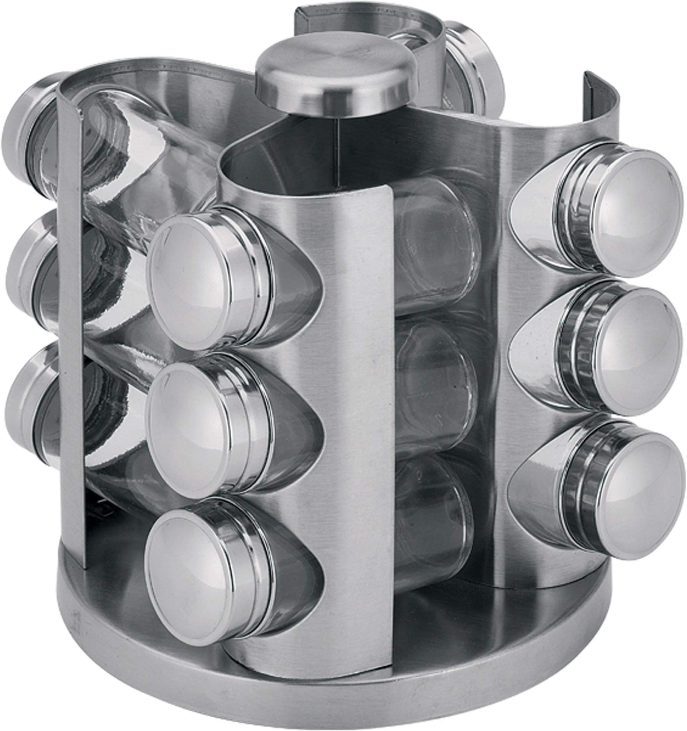 Renberg Spice Rack with Rotatable Stand, Glass, Stainless Steel, Silver, 17 x 30 x 30 cm