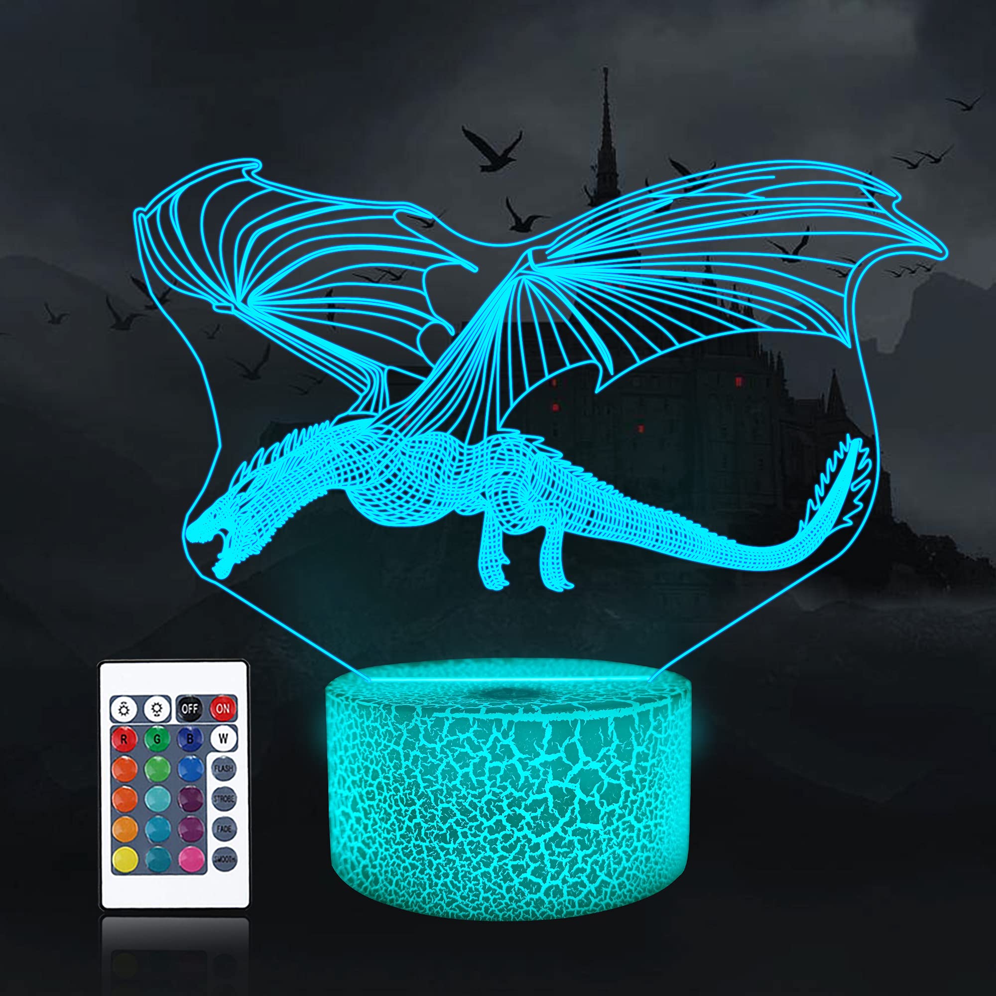 CooPark Dragon Lamp, 3D Illusion Night Light Kids Toy, 16 Colors Changing Remote Control Optical Bedroom Decor Perfect Birthday Christmas Halloween Gifts for Boys Child