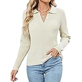 ZAFUL Womens Long Sleeve V Neck Sweaters Collared Ribbed Knit Tops Pullover Polo Sweater Shirts 2025 Fall Trendy Outfits, Beige, Medium