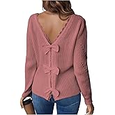 SOLY HUX Women's Sweaters Lace Bow Back Long Sleeve V Neck Pullover Casual Jumper Tops