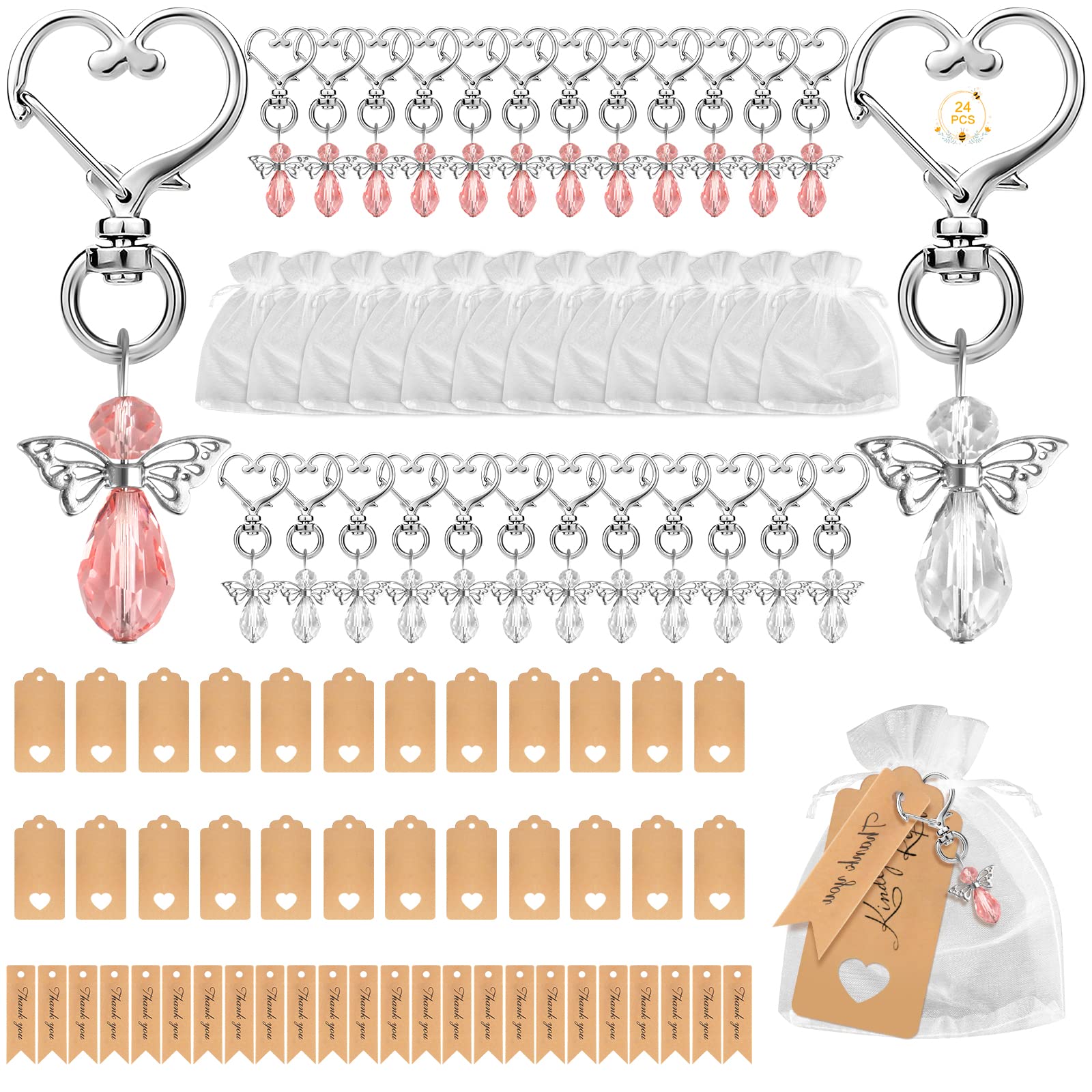 Ruicaifu 96 PCS Angel Keychains Set, 24PCS Guardian Angel Pendants with 24 PCS Organza Bags 48 PCS Tags, Angel Lucky Charm Keychains for Wedding Party Gifts Favors (Pink and White)