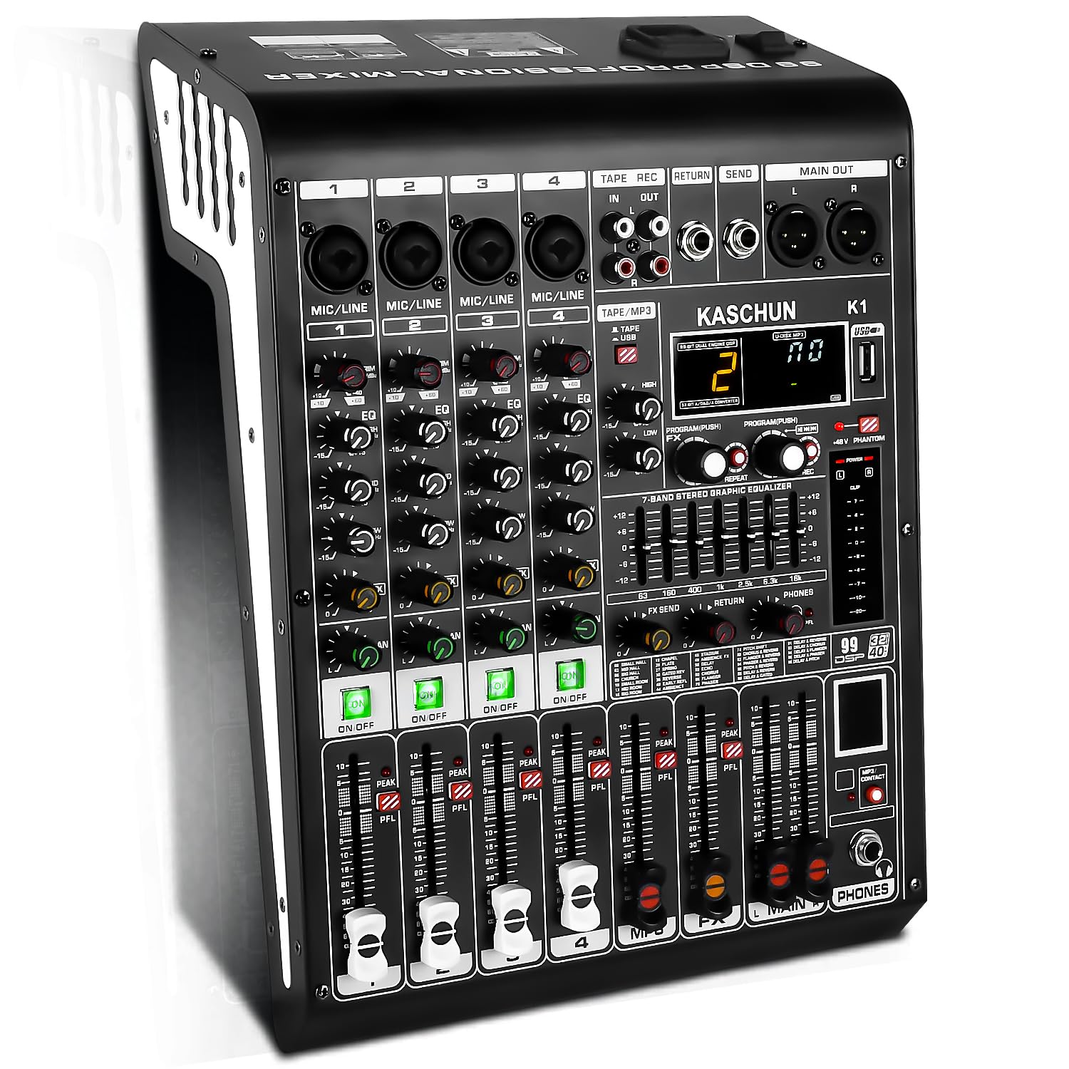 Photo 1 of 4 Channel Audio Mixer, DJ Mixer Sound Board with 48V Phantom Power, Bluetooth & USB Audio Interface, Compact Mixing Console for DJ Karaoke Live Streaming Recording