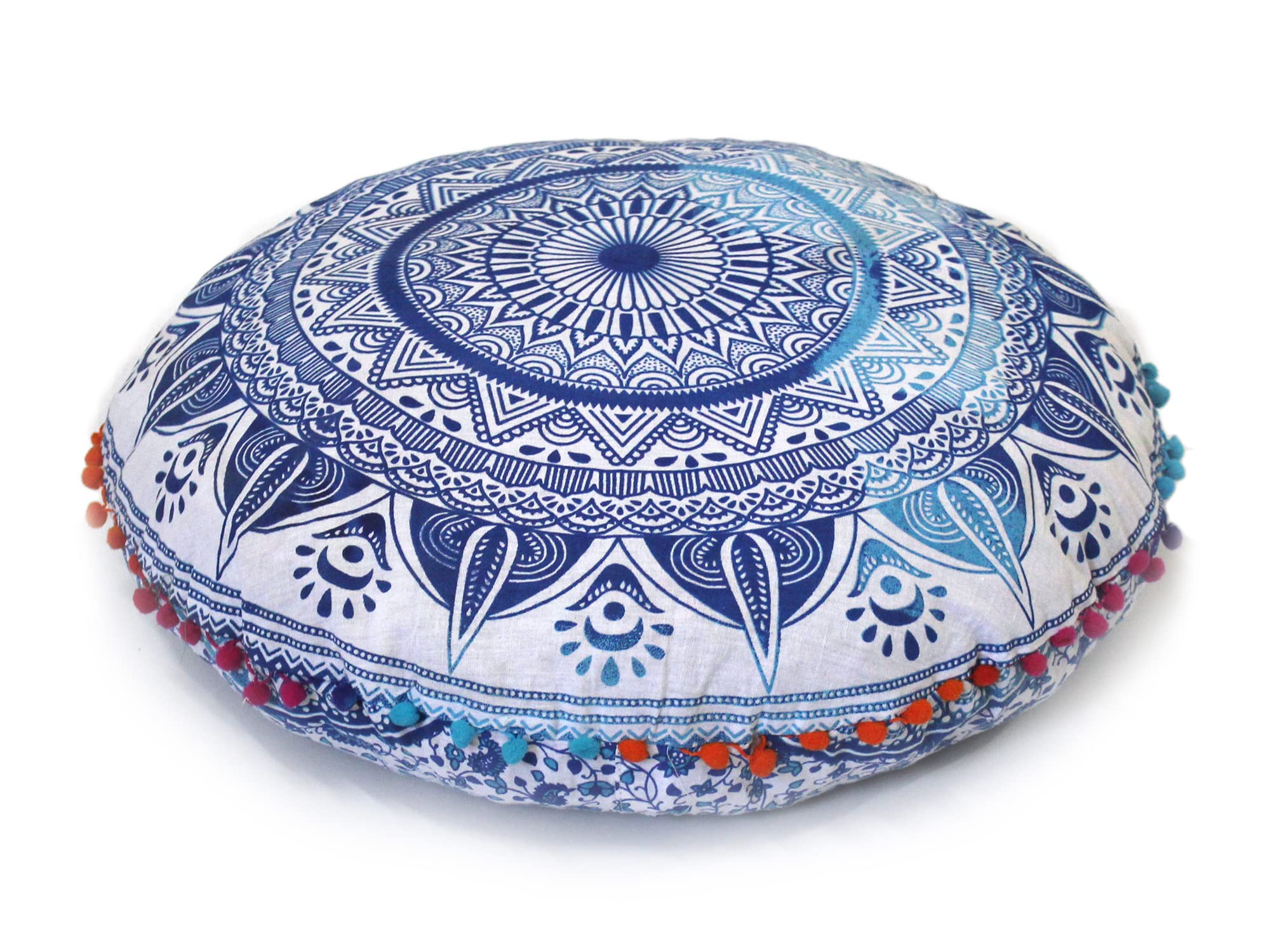 Round Mandala Floor Pillow Cover Seating Cushion Throw Cover Hippie Decorative Bohemian Ottoman Pouf Cover, Pom Pom Pillow Cases,Boho Indian 22 Inches (White and Blue) — image 1