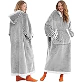Giggling Getup Wearable Blanket Hoodie for Women Men Gifts for Women Mom Wife Sherpa Fleece Long Hooded Blanket Sweatshirt Cozy Sherpa Wearable Throw with Pocket & Sleeves for Adult Standard Grey