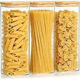KEYWING 72oz Glass Spaghetti Pasta Storage Containers with Lids, 3-Pack Tall Square Airtight Food Jars for Pantry Noodles Flour Oats Cereal Sugar Beans