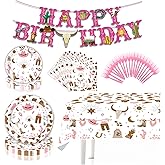 82Pcs Western Cowgirl Birthday Party Decorations Include Birthday Banner Plate Napkin Tablecloth Forks for Wild West Cowgirl Theme Party Decorations Dinnerware