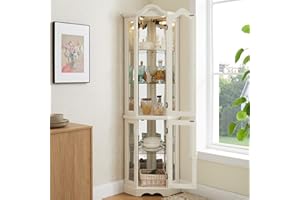 Makaseiya 70" Lighted Corner Curio Cabinet,Inside Mirror Corner Glass Display Case with Tempered Glass Door for Living Room, Antique Collectibles, Wine & Bar Glass Storage, Lights Included