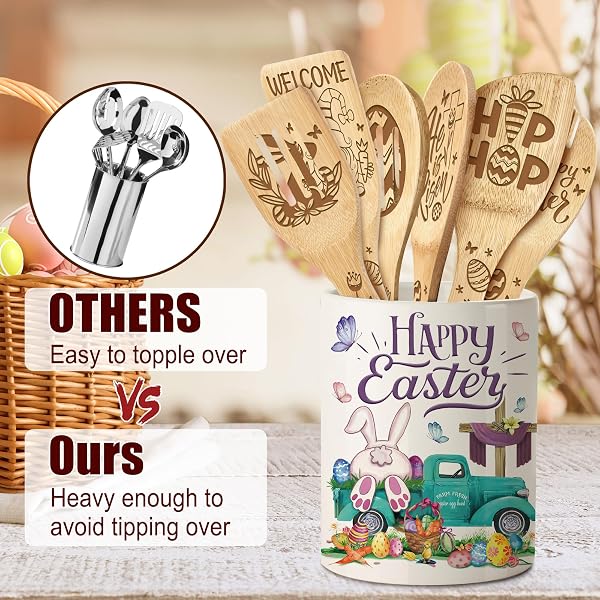 HEXAGRAM 6PC EASTER BAMBOO SPOONS CERAMIC UTENSIL HOLDER WITH SPOONS, BLUE BUNNY TRUCK COOKING TOOLS KITCHEN UTENSILS SET, FARMHOUSE EASTER DAY KITCHEN DECOR