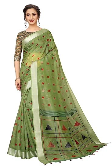 Womens Digital Linen Saree with Unstitched Blouse Piece (SilverDigi)