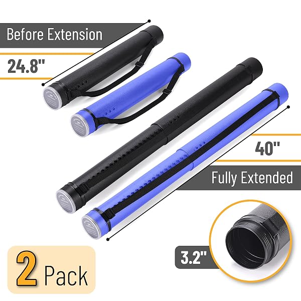 MR. PEN- POSTER TUBE, 2 PACK, BLACK AND BLUE, EXTENDABLE POSTER TUBE WITH STRAP, POSTER CARRYING CASE, TELESCOPING TUBE, ART & POSTER TRANSPORT TUBES, POSTER TUBES FOR STORAGE, POSTER HOLDER TUBE