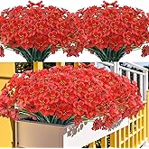 Kinisty 20 Bundles Outdoor Artificial Flowers UV Resistant with Red Faux Silk Flowers and No Fade Fake Plastic Plants for Spring Summer Outside Planters Porch Window Box Garden Decor