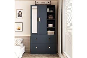 Homsee Wardrobe Armoire Wooden Closet with Mirror, 2 Doors, 2 Drawers, 4 Open Storage Cubes and Hanging Rod for Bedroom, Navy Blue (35.5”L x 15.8”W x 70.8”H)