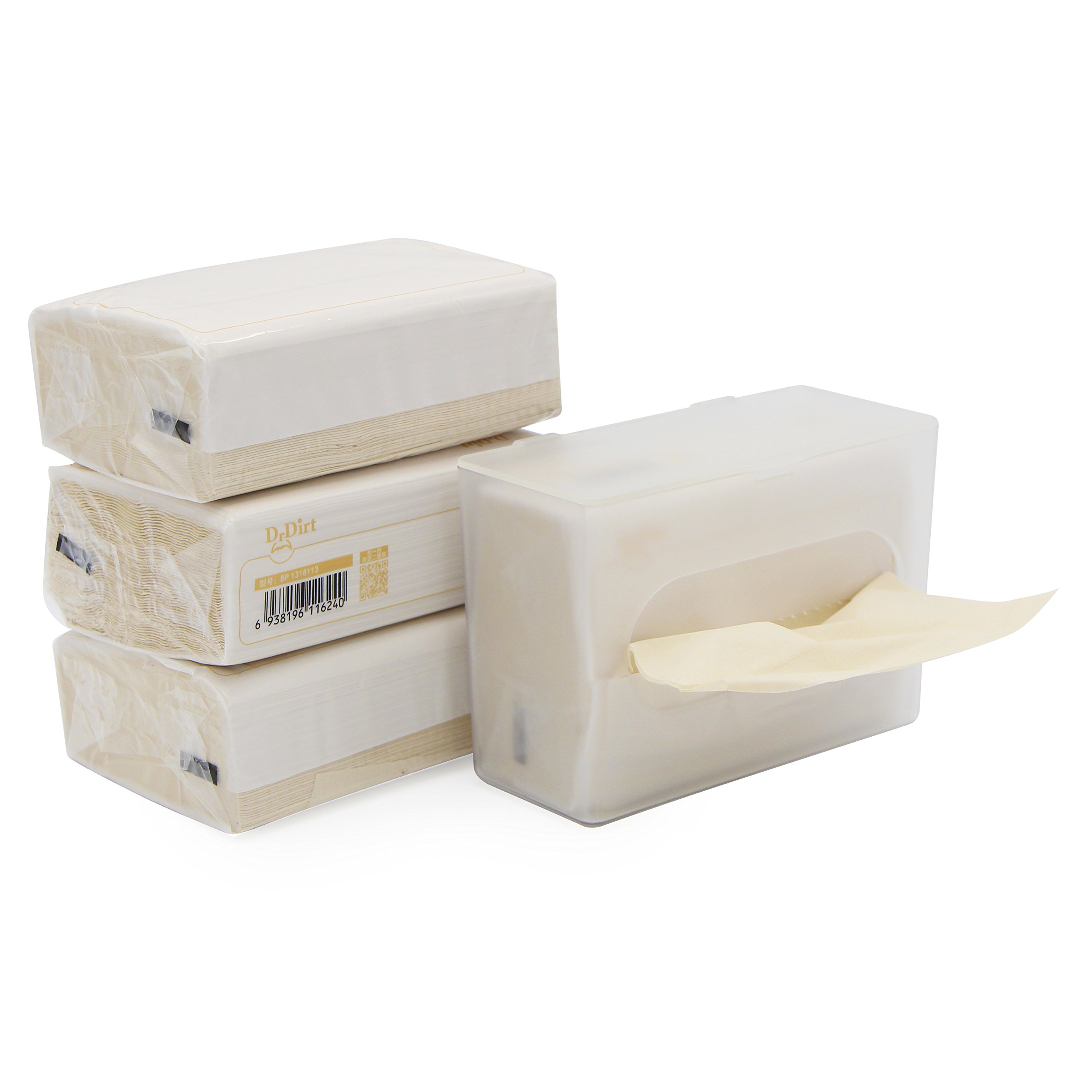 DrDirt Bamboo Tissues with Plastic Tissue Box – 4 PacksUnbleached Facial Tissues for Family & Baby Use, Sustainable Tree-Free Paper, No Bleach No Fluorescent Agents, One-Sheet Clean Design