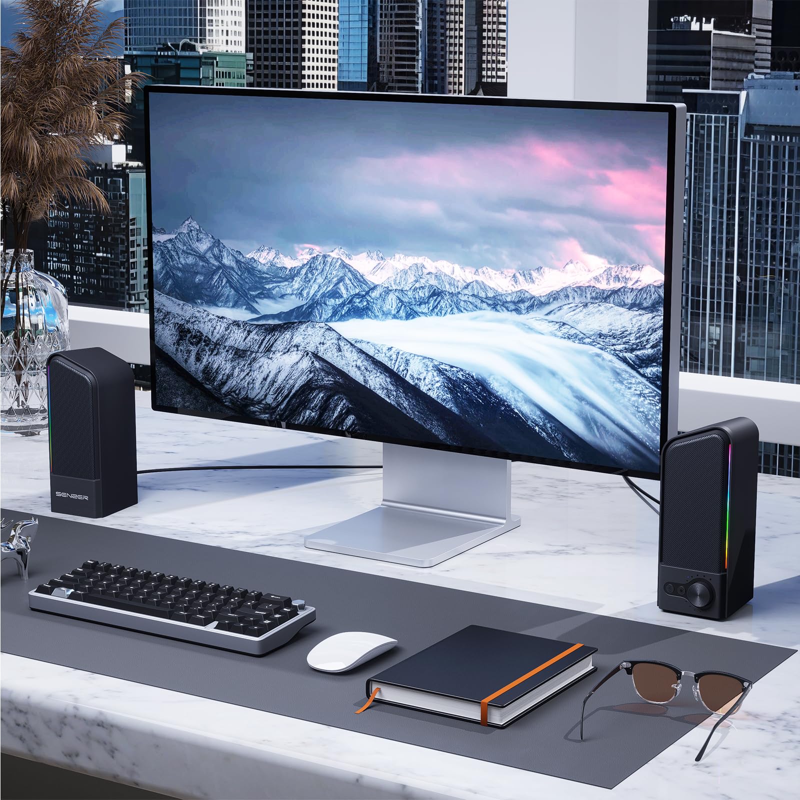 SENZER CS20 Computer Speakers, Pc Speakers with Stereo Sound Flowing LED & Volume Knob，Gaming SoundBar Speaker for Laptop Desktop Monitor(USB & Bluetooth)
