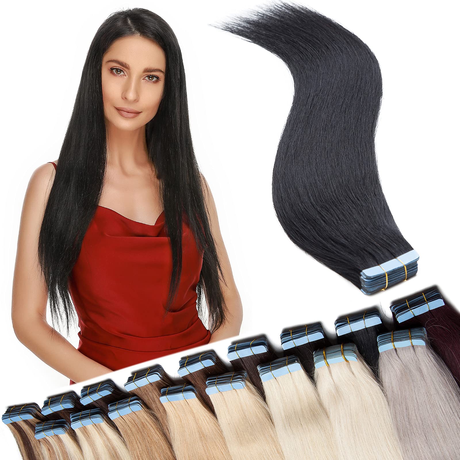 SEGO 24 inches (60 cm) Adhesive Natural Hair Extensions 40 Pieces [#1 Intense Black] 100% Remy Human Hair Without Clip Tape in Hair Balayage (100 gm)