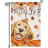 Louise Maelys Hello Fall Garden Flag Golden Retriever Dog Maple Sunflower 12x18 Inch Double Sided Seasonal Autumn Floral Welcome Small Burlap Yard Sign Outside Outdoor House Decoration