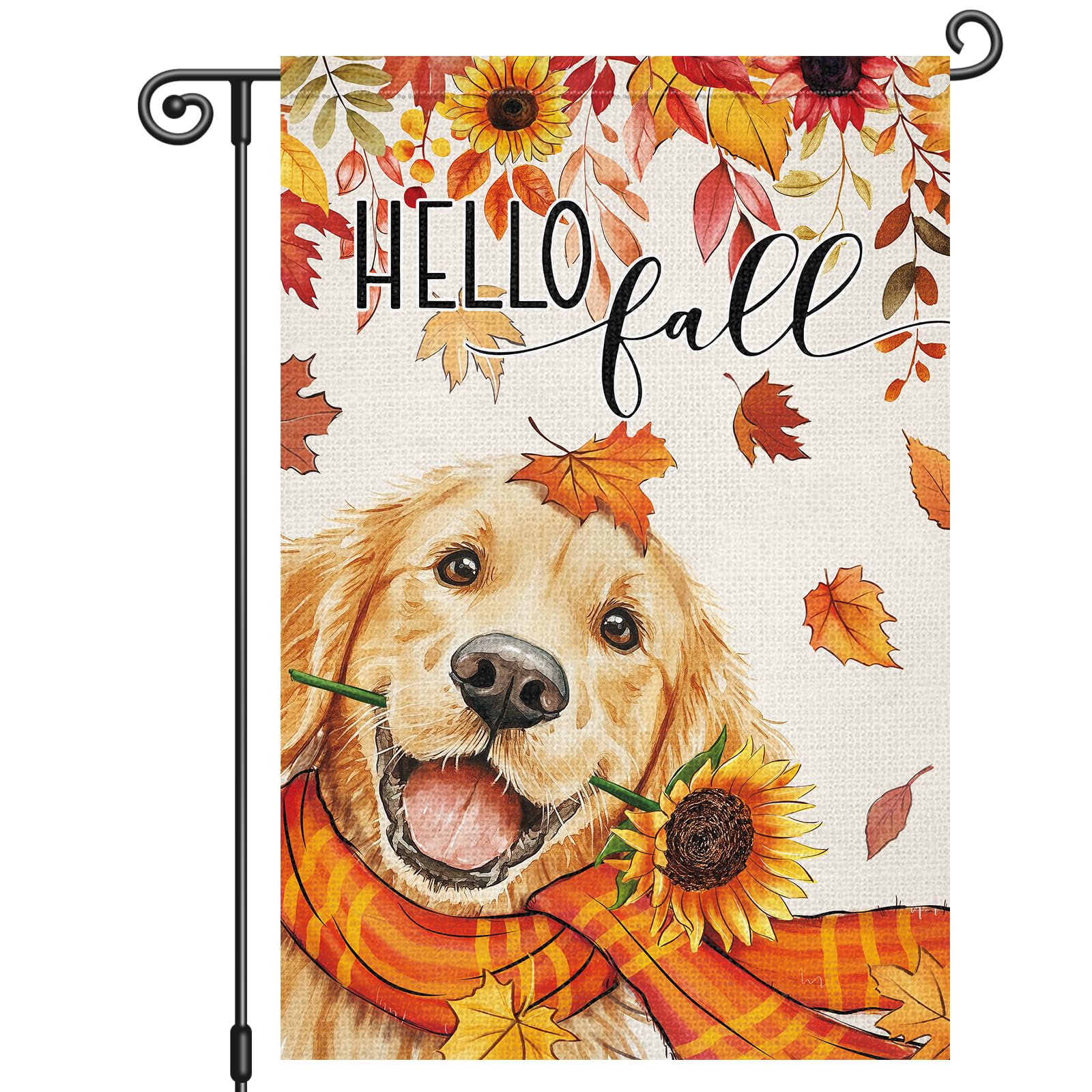 Photo 1 of Louise Maelys Hello Fall Garden Flag Golden Retriever Dog Maple Sunflower 12x18 Inch Double Sided Seasonal Autumn Floral Welcome Small Burlap Yard Sign Outside Outdoor House Decoration