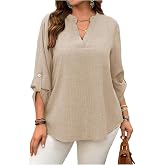 SHENHE Women's Plus Size Rolled Up 3/4 Sleeve Blouse Dressy Work Top | V Neck, Business Casual