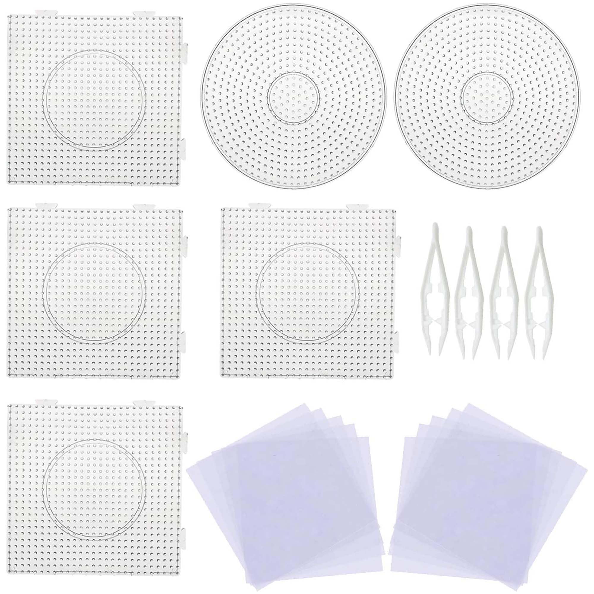 Allazone 5 mm 6 Pack Fuse Beads Boards Large Round Square Clear Plastic Pegboards with 4 PCS White Beads Tweezers, 10 PCS Ironing Paper for Kids Craft Supplies
