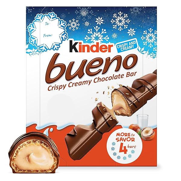 KINDER BUENO, CRISPY CREAMY CHOCOLATE BARS WITH HAZELNUT...