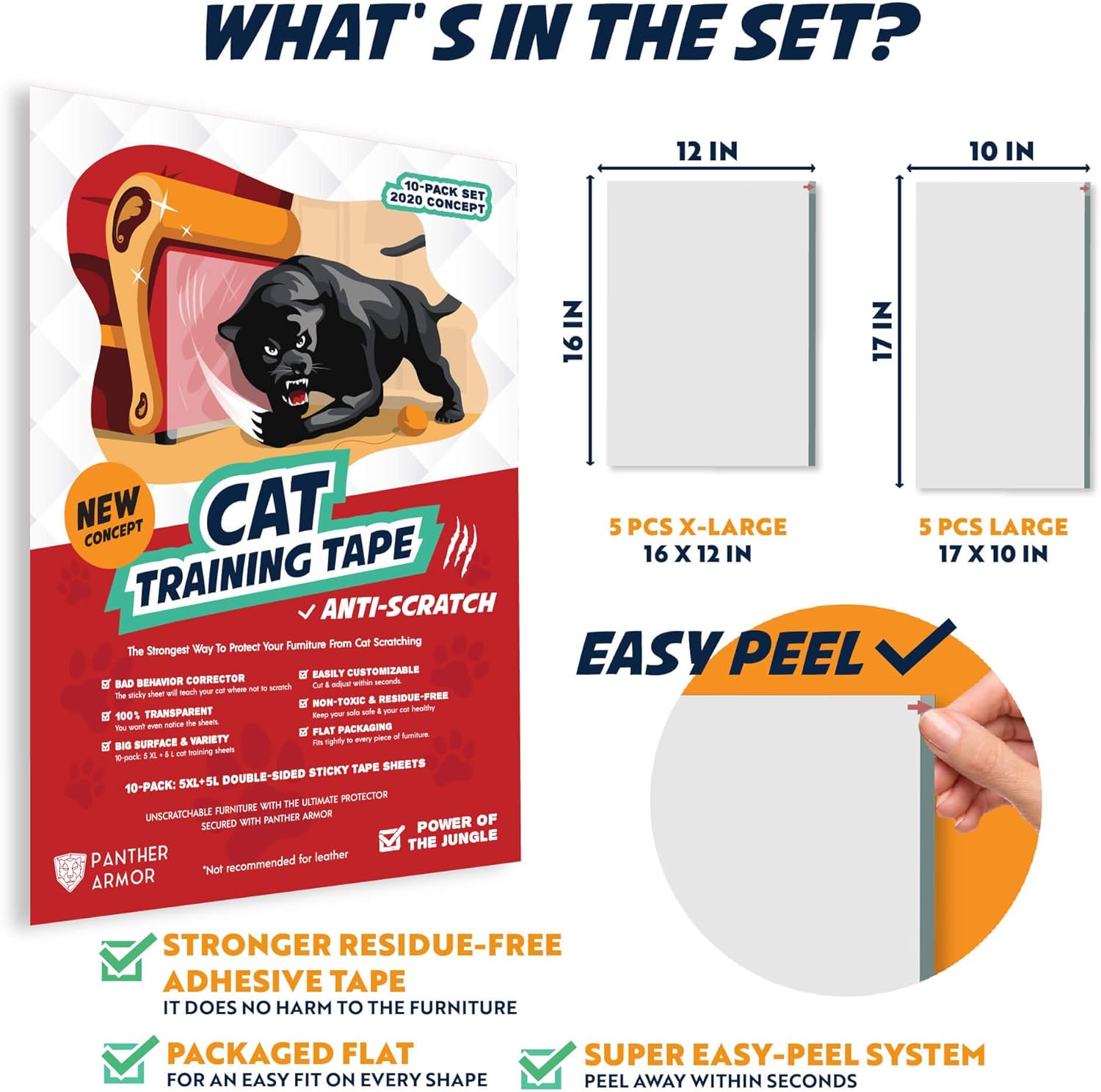 Panther Armor 10(Ten)-Pack Cat Scratch Deterrent Tape – Double Sided Anti Cats Scratching Sticky Tape – 5-Pack XL 16”L 12”W + 5-Pack Large 17”L 10”W Furniture Protectors – Clear Training Tape : Kitchen & Dining