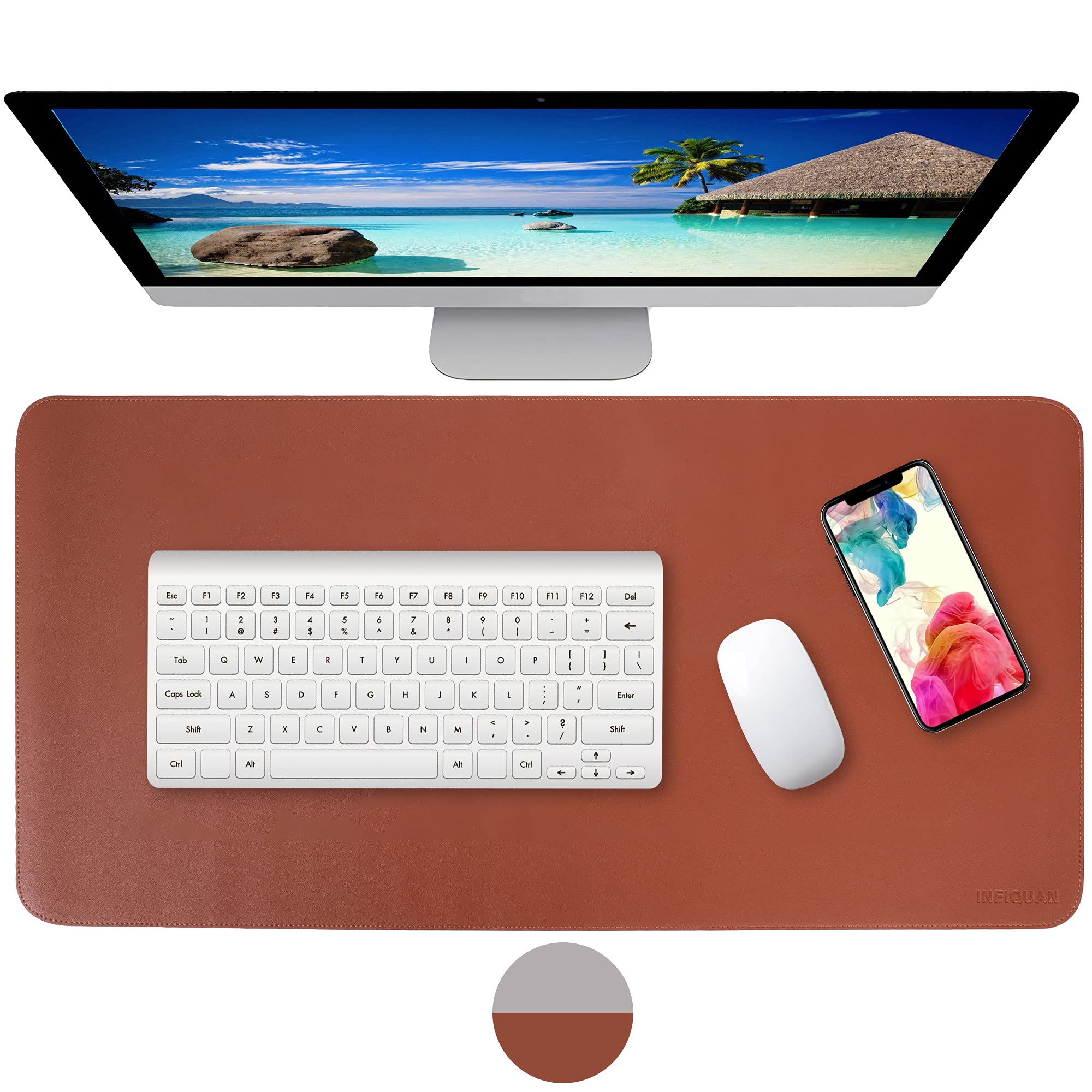 Infiquan Desk pad PU Mouse mats Dual Sided Large Laptop Stitched Edges Gaming Keyboard Writing blotter Reversible Computer Protector for Home Office 80x40cm (Brown)