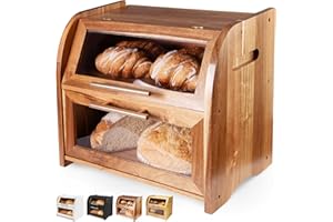 Arise Stylish Acacia Bread Box for Kitchen Countertop, Extra Large 2-Shelf Wooden Bread Storage Container with Clear Windows 