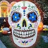 AJY 4 Feet Colorful Skull Halloween Inflatable Skull LED Lights Decor Outdoor Indoor Holiday Decorations Blow up Lighted Yard Decor Lawn Inflatable Home Garden Party Favor Decoration