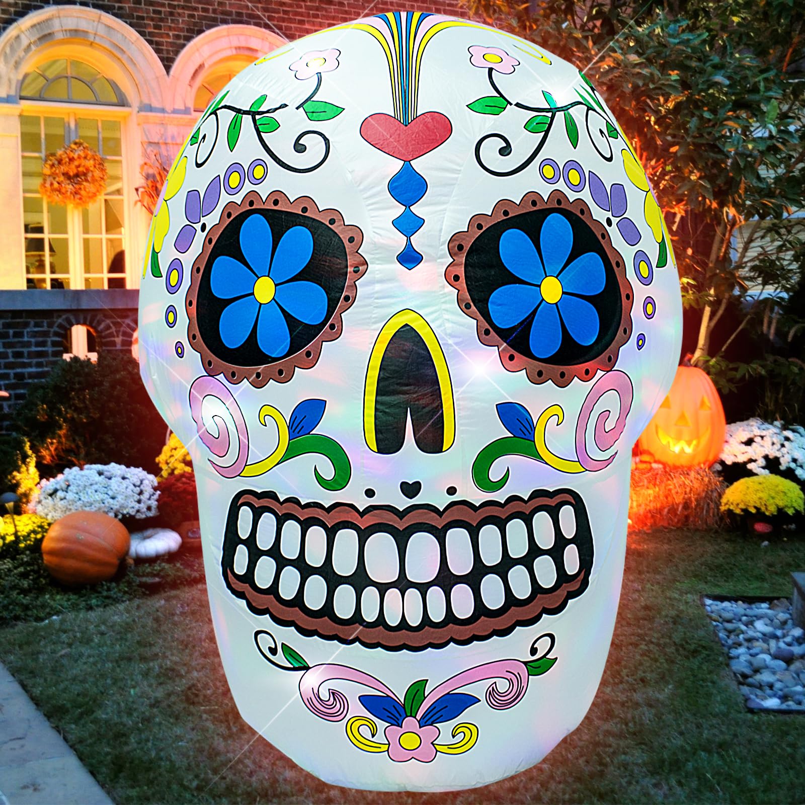 Photo 1 of AJY 4 Feet Colorful Skull Halloween Inflatable Skull LED Lights Decor Outdoor Indoor Holiday Decorations Blow up Lighted Yard Decor Lawn Inflatable Home Garden Party Favor Decoration