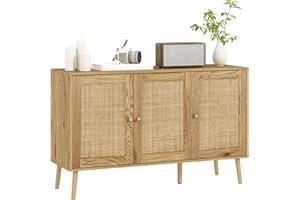 HOMCOM Rattan Sideboard Buffet Cabinet, 47" Bohemian Kitchen Storage Cabinet with 3 Doors and 2 Adjustable Shelves, Coffee Ba