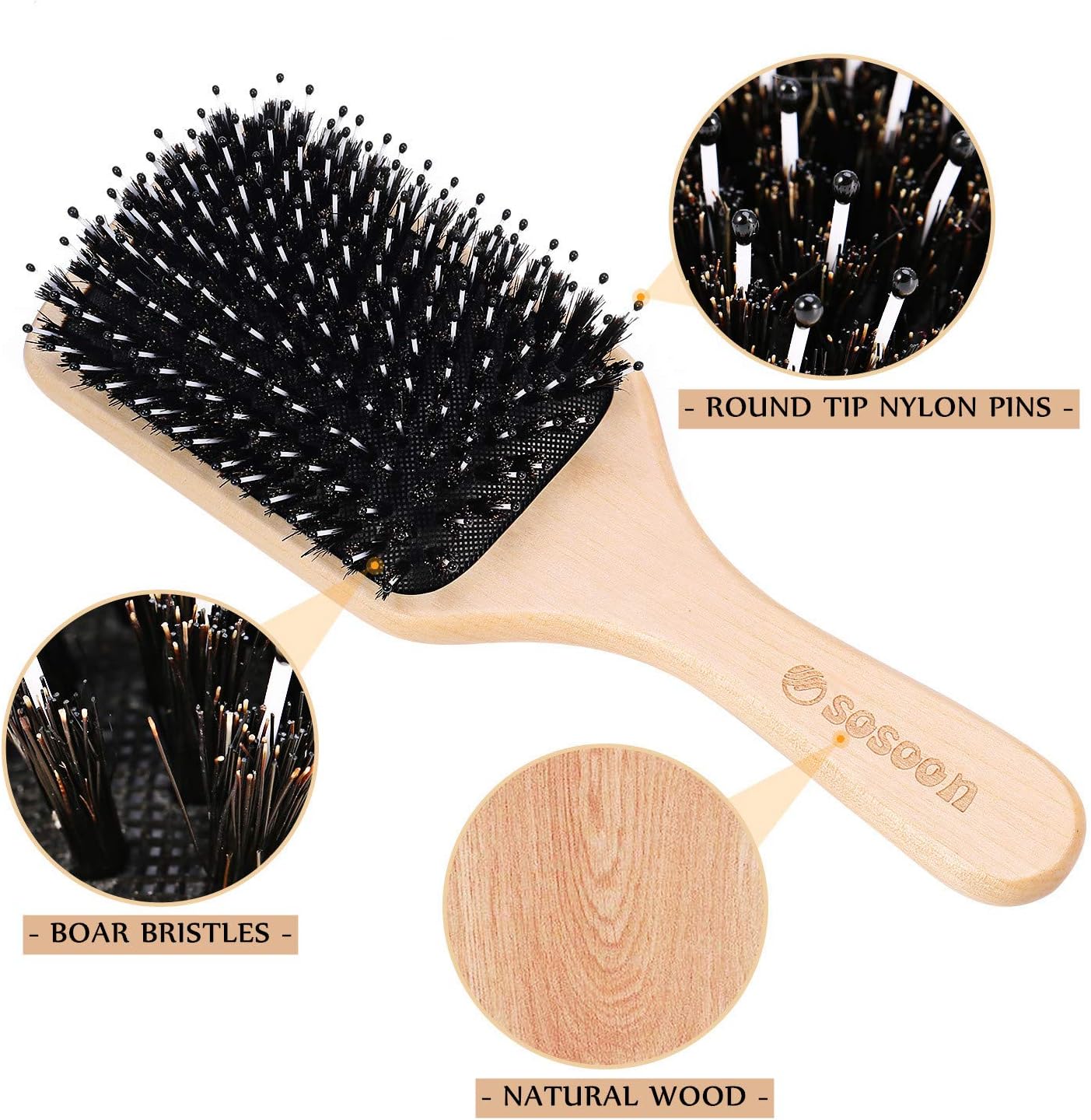 Hair Brush Set, Sosoon Boar Bristle Paddle Hairbrush for Women Men Kids Reducing Frizzy No More Tangle - Image 3