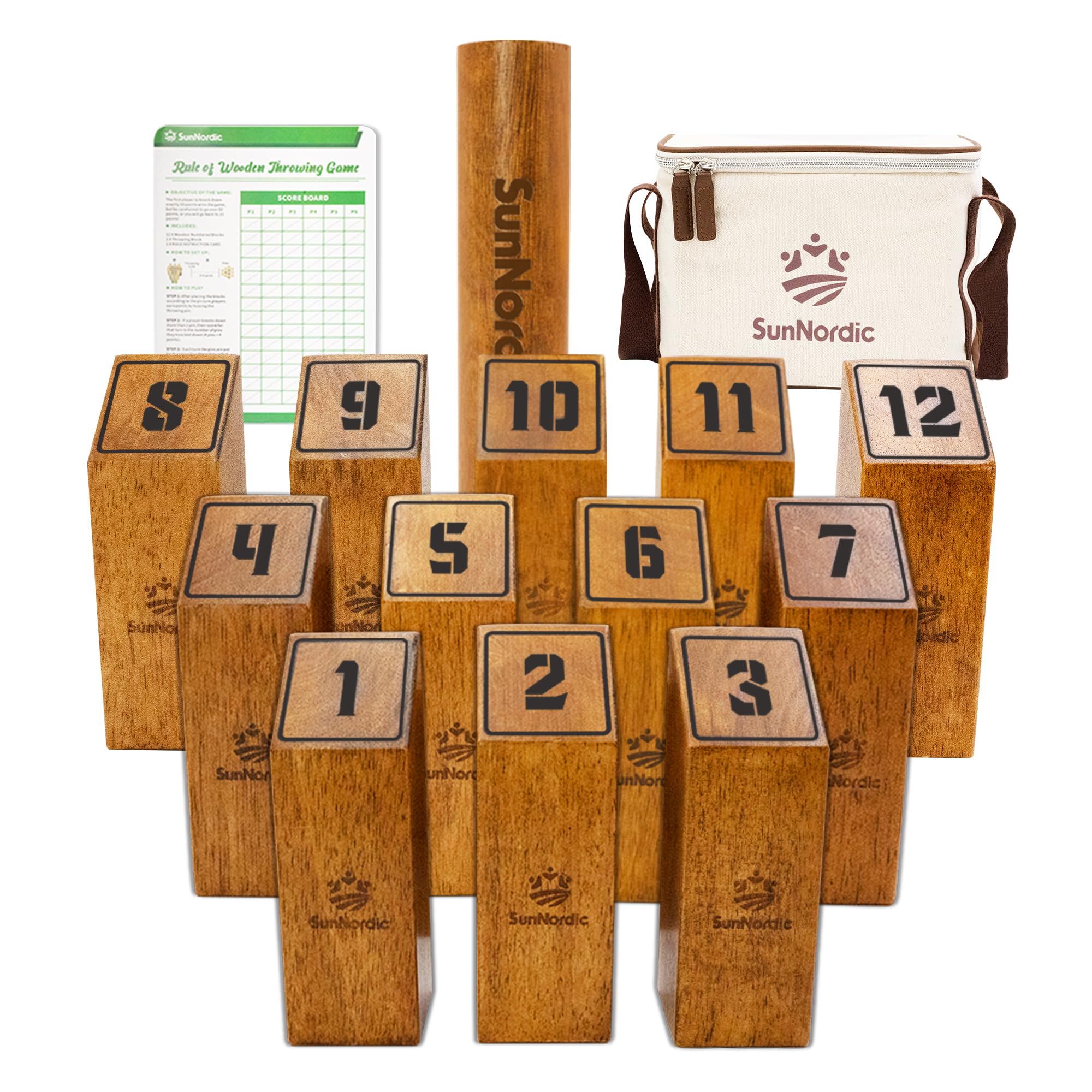 Photo 1 of **DAMAGED PIECES** SunNordic Wooden Throwing Game Set, Numbered Block Toss Games with 1 x Scoreboard,12 x Premium Rubber Wood Pins & 1 x Dowel, Outdoor Backyard Lawn Bowling Yard Game for Kids, Adults & Family