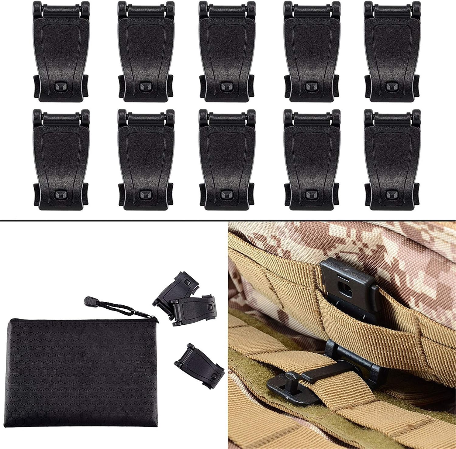 BOOSTEADY MOLLE Clips Tactical Strap Management Tool Web Dominator Backpack Accessories, 10 Pcs Plastic Molle Clips (Black)