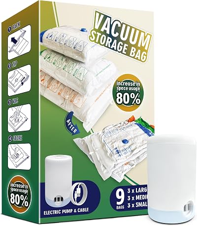 Storage Master Space Saver Bags 9 Pack with Electric Pump Vacuum Storage Bags