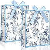 Kolldenn 24 Pcs Blue Floral Gift Bags with Handles 9"x7"x3.15" Elegant Paper Gift Bags with Bow Ribbon for Wedding Birthday Baby Shower Bridesmaid Party