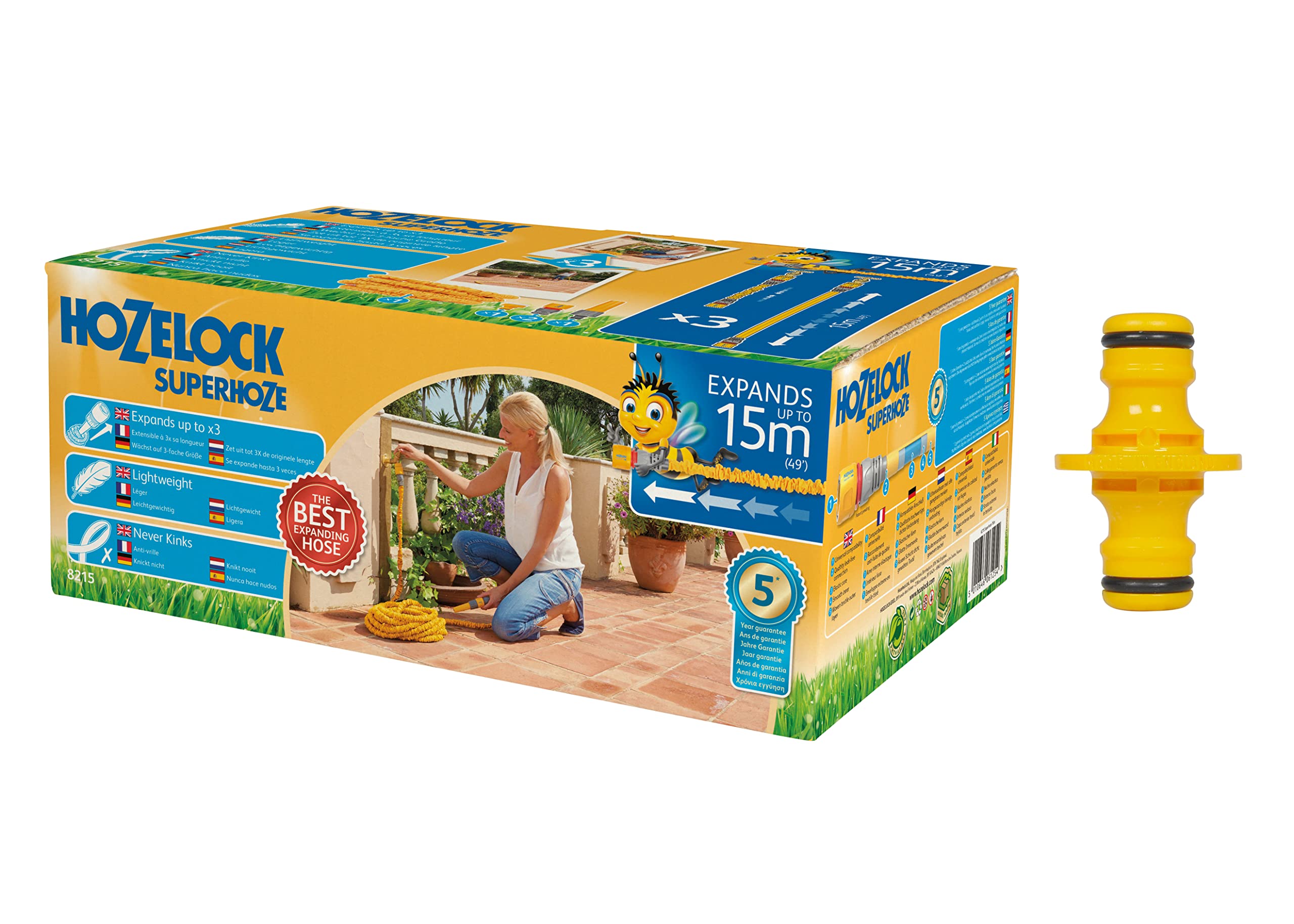 Hozelock 15m Superhoze Hosepipe, Yellow & Grey & Double Male Connector