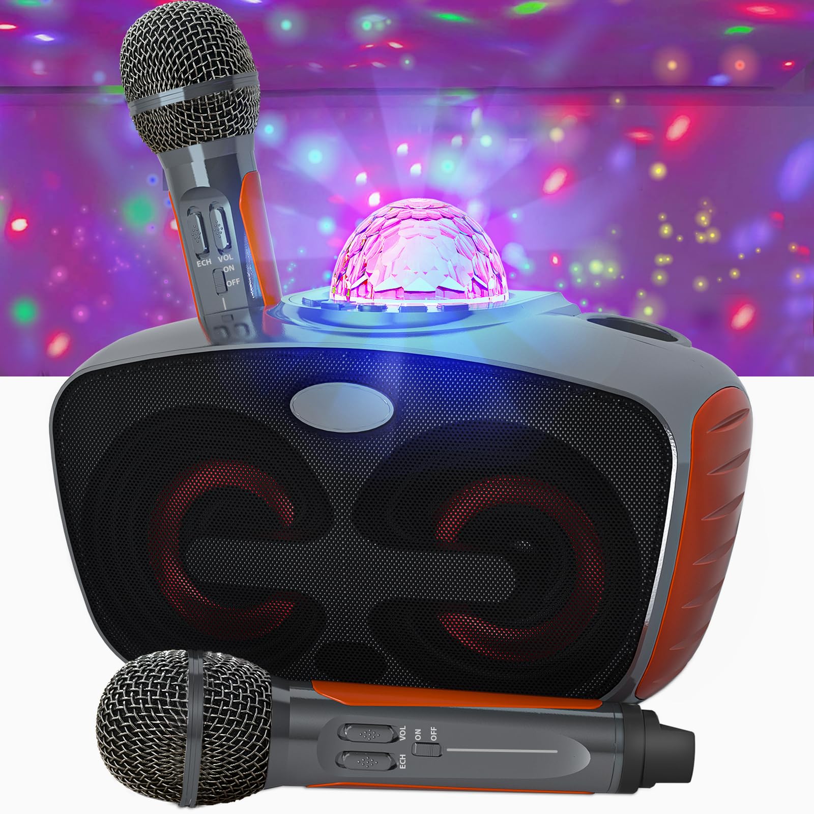 Portable Bluetooth Karaoke Machine with 2 Wireless Mics, SINWE PA Speaker with Disco Ball & Party Lights for Adults/Kids, Outdoor/Indoor Use. Perfect for Weddings, Churches, Picnics [Orange]