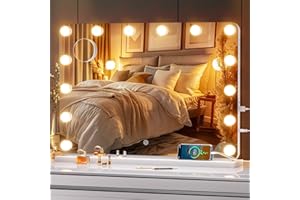 OUBOYO 28''X20'' Hollywood Vanity Mirror with Lights, Lighted Makeup Mirror with 14 Dimmable LED Bulbs, 3 Color Lighting Modes & Stepless Dimming, USB & Type-C Charging Port, Wall Mounted Or Tabletop