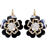 Navachi 18k Gold Plated White Crystal Acetate Blooming Flowers Leverback Earrings