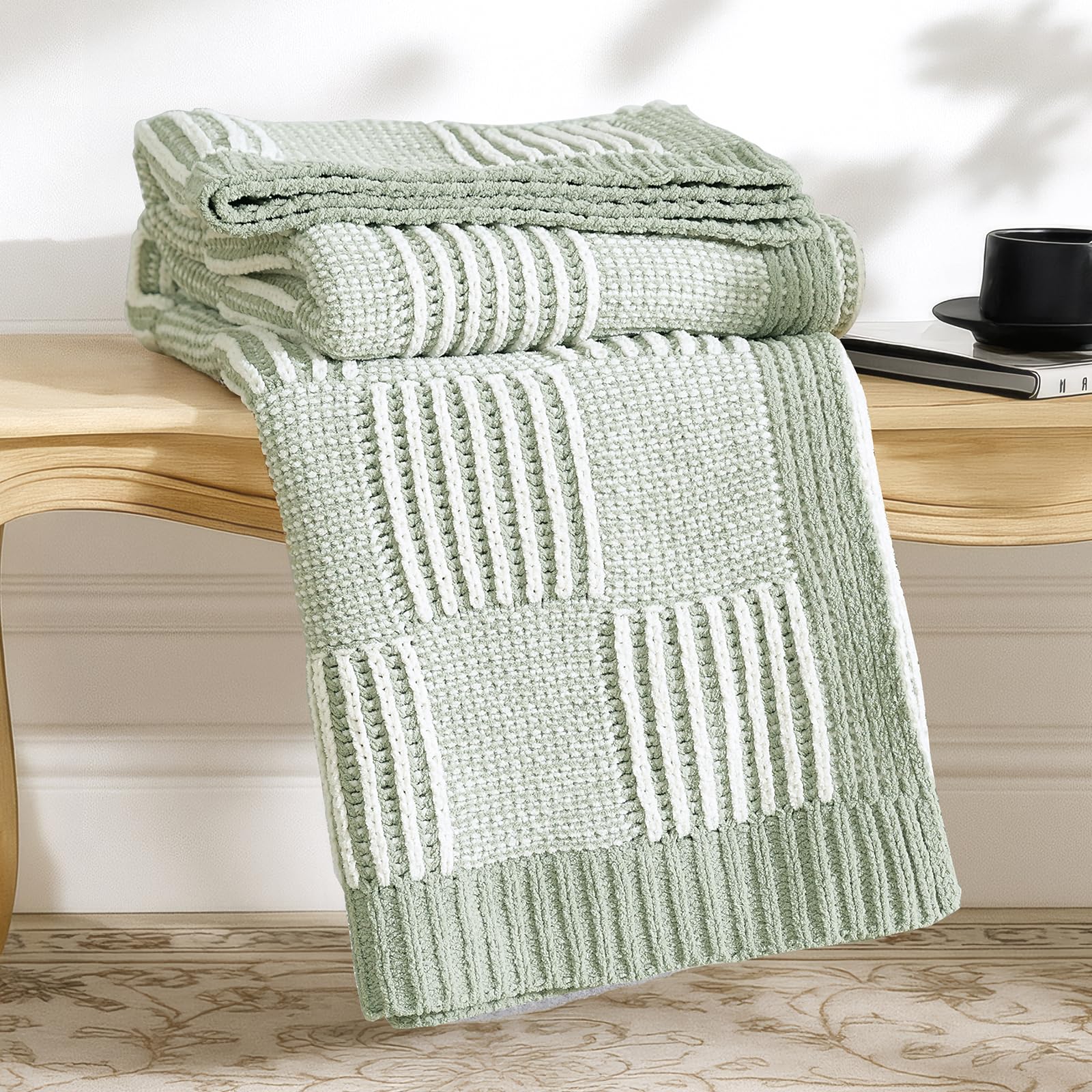 Amélie Home Checkered Knit Throw Blanket for Couch, Chenille Texture Decorative Soft Blanket for Sofa & Chair, 50"x60", Sage Green & White Image