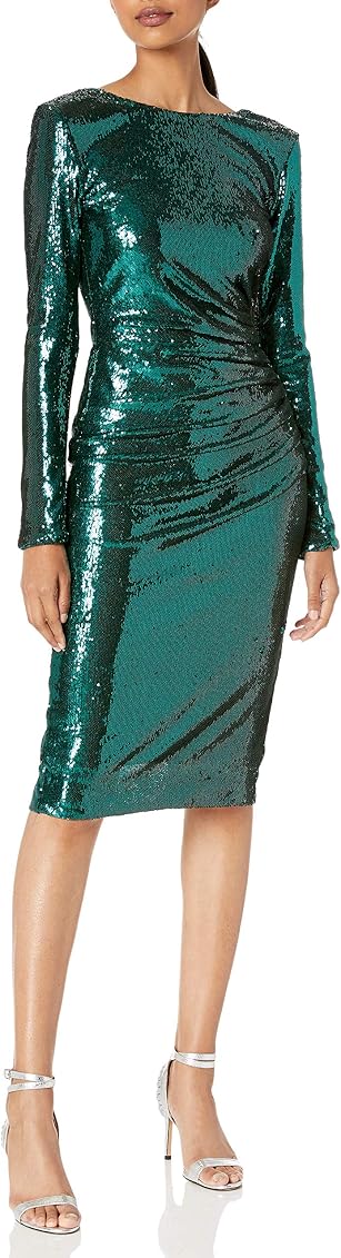 Long Sleeve Stretch Sequin Drape Front 