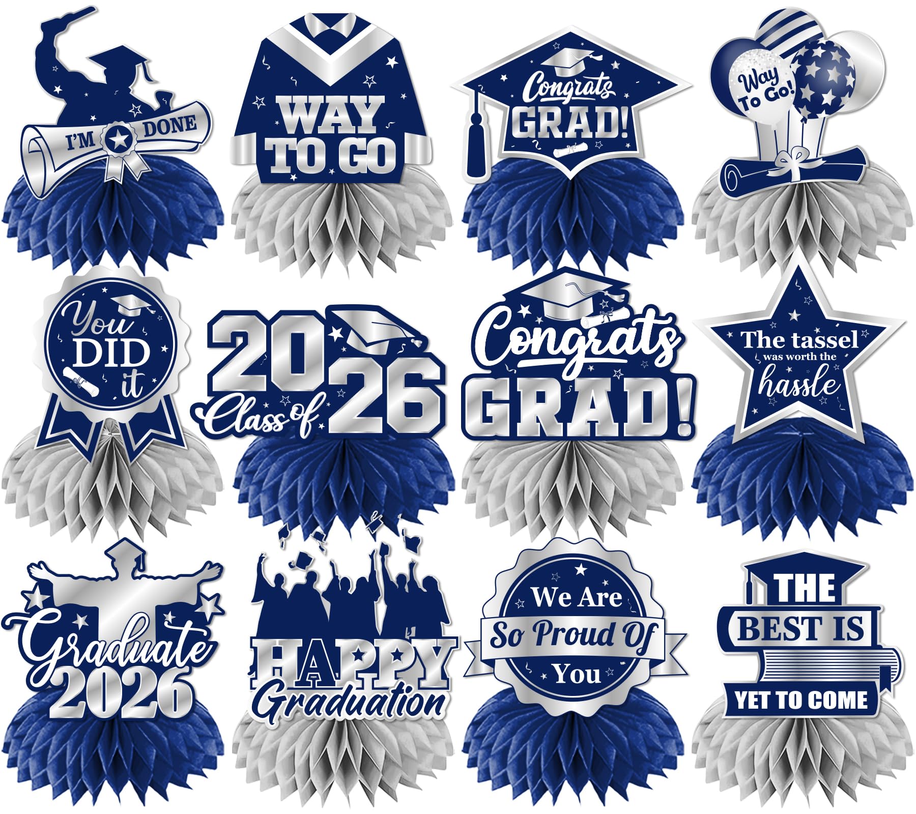 Photo 1 of 12Pcs Graduation Table Decorations,Navy Blue and Silver Graduation Decorations Honeycomb Centerpieces Class of 2026 Table Centerpiece, Graduation Decorations Blue and Silver for Table