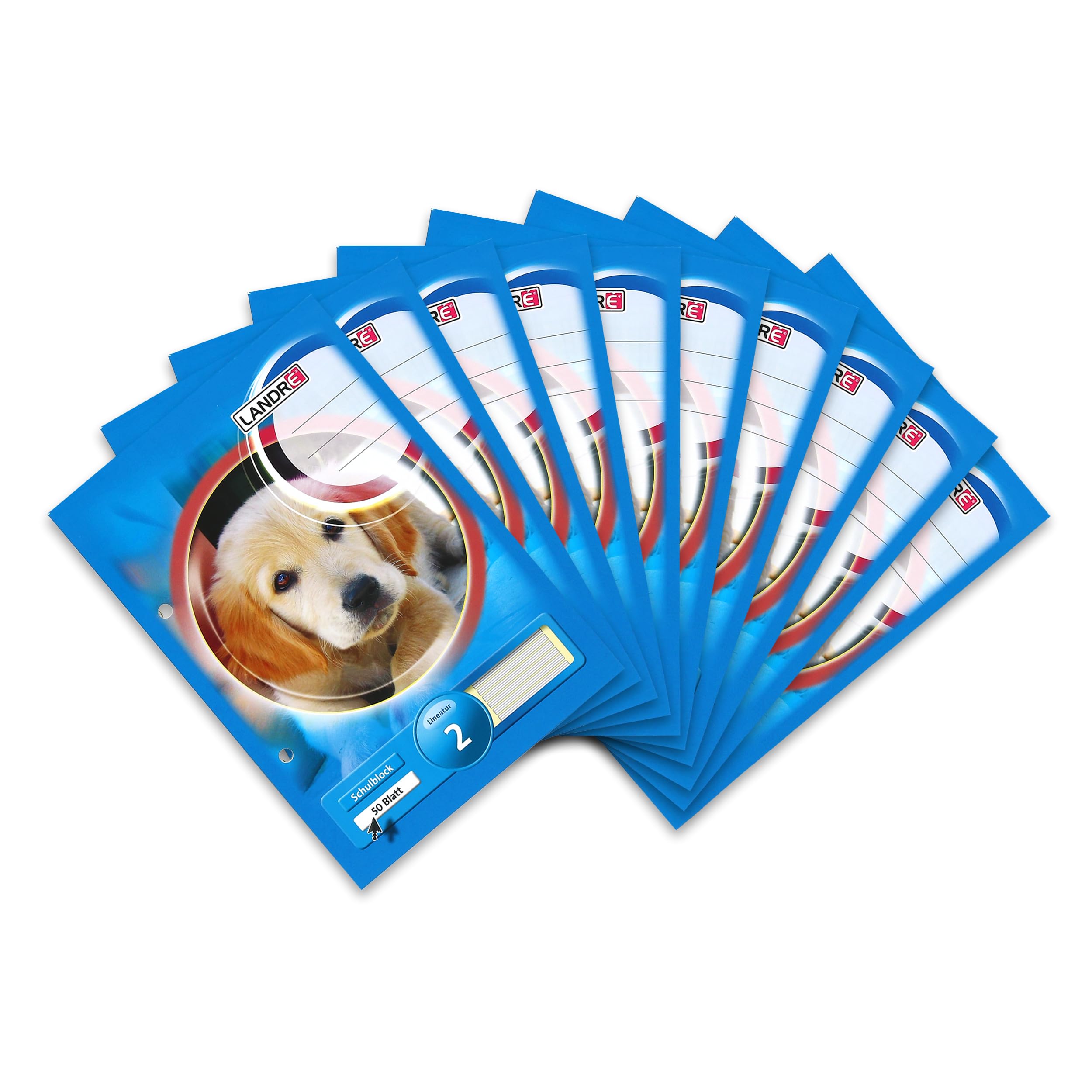 Landre 100050472 School Pad A5 50 Sheets 80 g/m² Fine Wood- Paper Lined 1, for All Types of Handwriting Head Hook (Pack of 10 School Pad, A5, 50 Pages, Ruling 2 - for All Writing 0