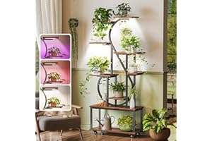 PRAISUN 65 Inch Plant Stand with Grow Light, 9 Tiered Indoor Plant Shelf with Larger Flower Holder, Music Note-shaped Stand with Top Ring Hook , Corner Plant Rack for Living Room, Rustic Brown