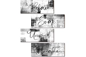 Maitys 4 Pcs Bathroom Wall Decor 10 x 4 Inch Bathroom Wall Art Contemporary Wood Restroom Pictures for Soak Unwind Relax Hanging Sign Spa Rustic Vintage Farmhouse Pediments(Black and White)