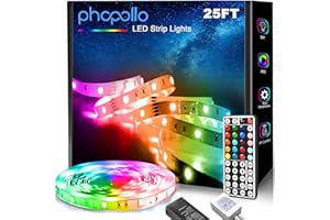 phopollo 5050 LED Strip Lights, 25ft Led Lights for Bedroom with 44 Keys IR Remote Controller and 12V Power Supply