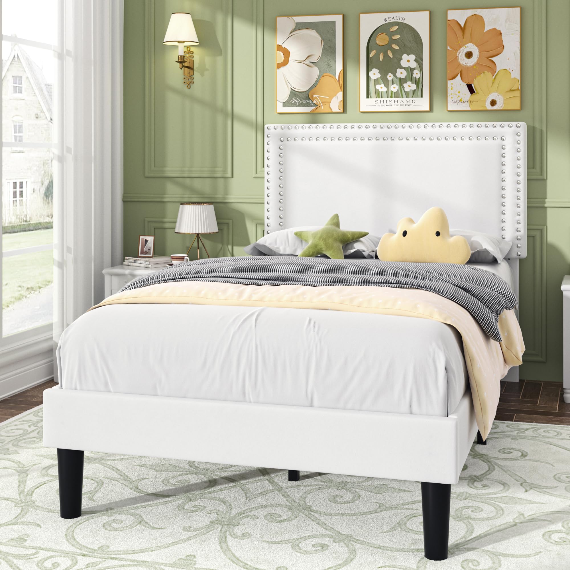 Photo 1 of **NO HEADBOARD/MISSING PARTS**VECELO Twin Size Platform Bed Frame with Adjustable Upholstered Headboard, Strong Wood Slat Support, No Box Spring Needed, Easy Assembly