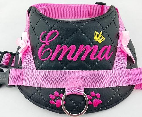 Hundegeschirr S M L XL XXL mit Wunsch Namen bestickt Kunstleder schwarz rosa LED
