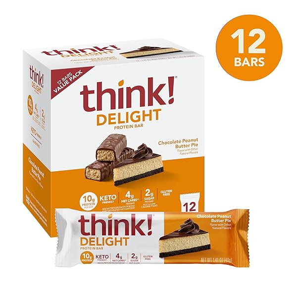 THINK! DELIGHT PROTEIN BARS, CHOCOLATE PEANUT BUTTER PIE, LOW SUGAR & LOW CARB GLUTEN-FREE SNACK, KETO FRIENDLY SNACKS, 12 COUNT (PACKAGING MAY VARY)